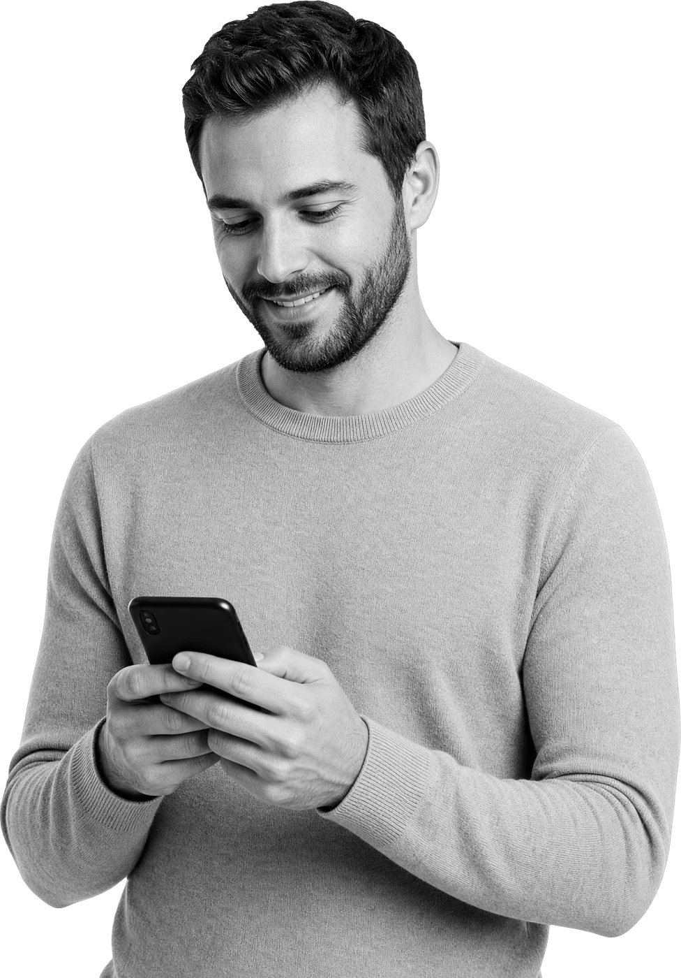A man smiling as he reads a check request on his phone