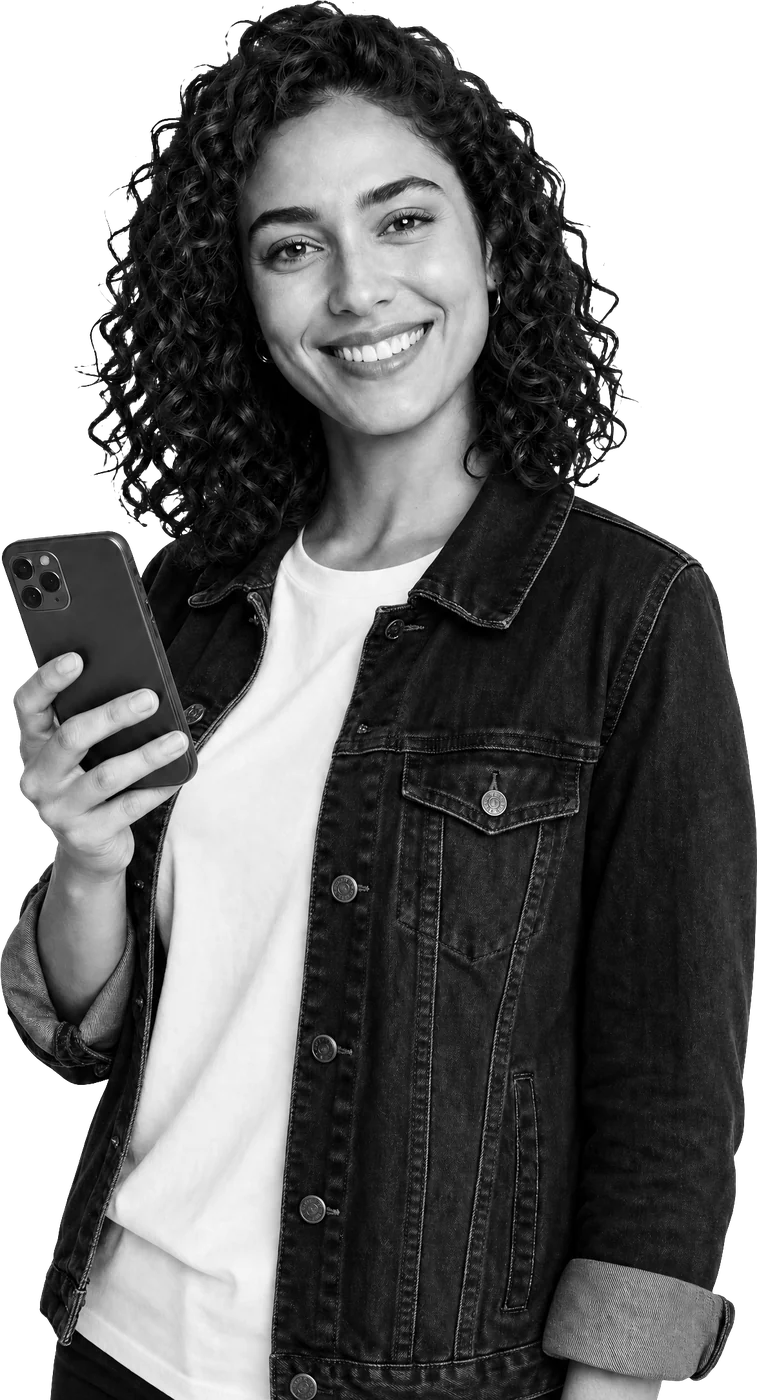 A smiling woman holding her phone, about to take a live selfie check